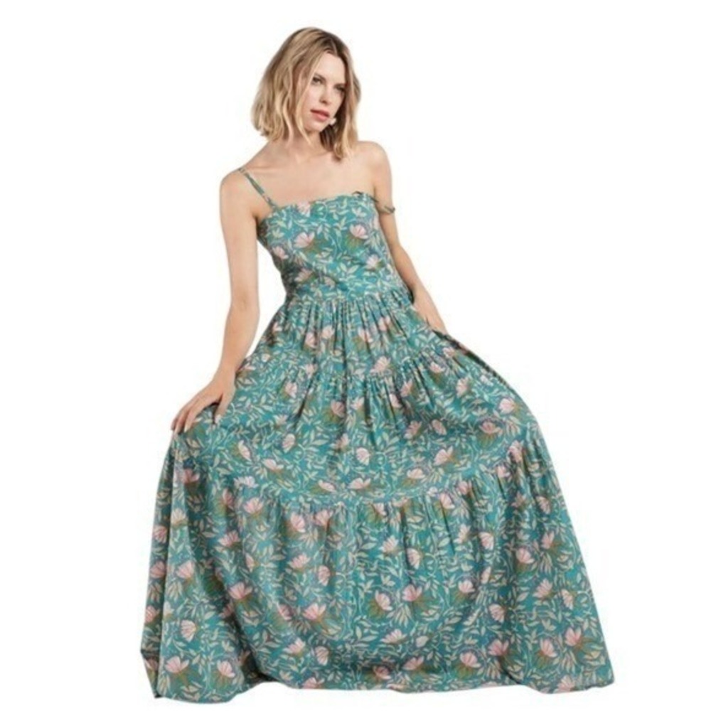 Raga Womens Teal Floral Block Print Tiered‎ Cotton Maxi Dress R5049 XS New